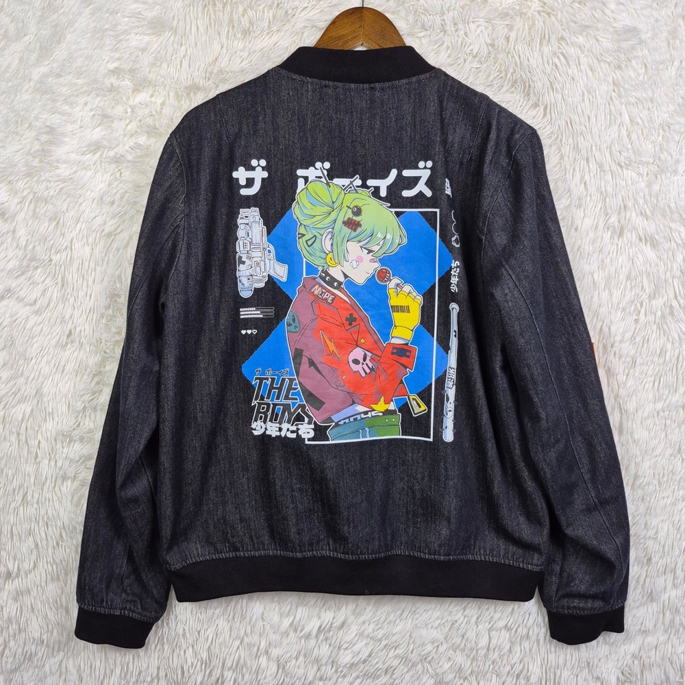 The Boys x Mercedes Bazan Denim Bomber Jacket Black Mens Small Cyberpunk Anime